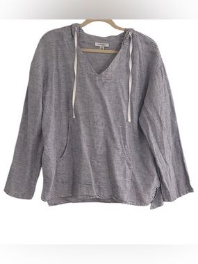 Pure Navy Brand Top Size Large V-neck Pullover Hoodie Linen Blue White Stripe